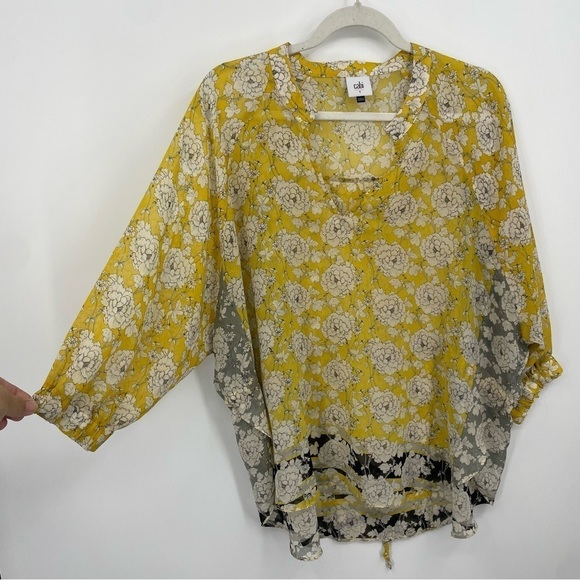 CABI 5713 Floral Print Gather Blouse Semi Sheer in Yellow Sz S - Picture 1 of 7